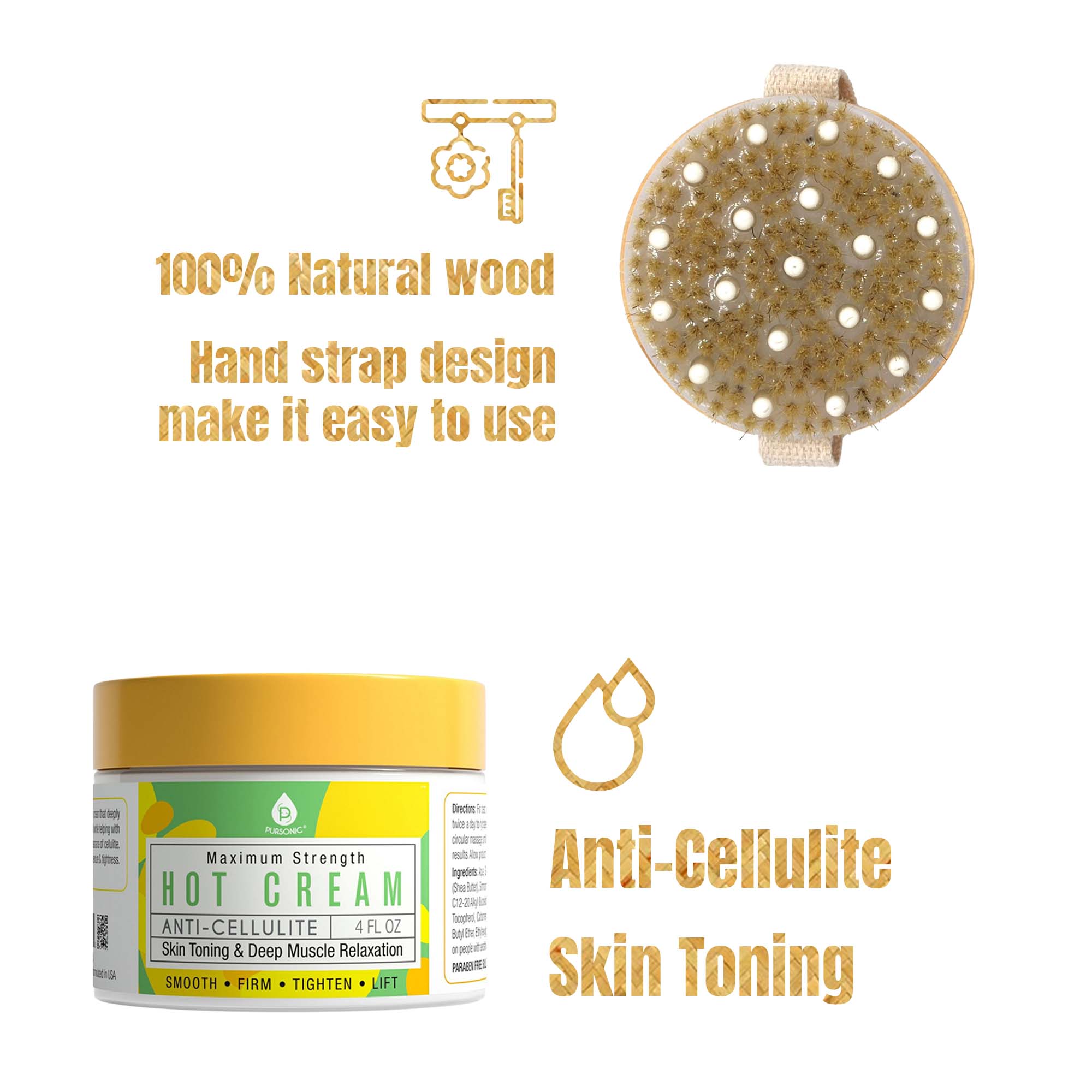 Crème chauffante anti-cellulite et relaxante pour les muscles Pursonic avec brosse de bain et masseur / Pursonic Anti Cellulite & Muscle Relaxation Hot Cream with Bath Brush and Rubber Massager